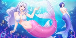 Rule 34 | 2girls, absurdres, bead necklace, beads, blue hair, breasts, bubble, gem, highres, idolmaster, idolmaster (classic), jewelry, kiria021, kneeless mermaid, large breasts, long hair, looking at viewer, mermaid, miura azusa, monster girl, monsterification, multiple girls, musical note, navel, necklace, revision, shell, shell bikini, shijou takane, short hair, smile, sparkle, underwater