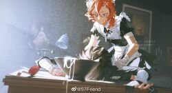 Rule 34 | 1girl, 1other, 57friend, absurdres, bandaged arm, bandages, black hair, candlestand, chopsticks, food, highres, indoors, lamp, maid, maid headdress, noodles, red hair, spoon, telephone