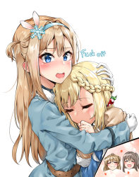Rule 34 | 4girls, blonde hair, blue eyes, blue hairband, blue jacket, braid, cherry hair ornament, closed eyes, commission, dulldull, english text, food-themed hair ornament, girls&#039; frontline, gloves, hair between eyes, hair ornament, hairband, highres, hug, jacket, light brown hair, long hair, long sleeves, low twintails, multiple girls, one side up, pixiv commission, ppsh-41 (girls&#039; frontline), profanity, sidelocks, snowflake hair ornament, suomi (girls&#039; frontline), twintails, white gloves, yuri