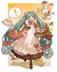 Rule 34 | !, 1girl, :o, absurdres, alternate costume, apron, aqua eyes, aqua hair, bow, creature, dropping, food, hair bow, hair ornament, hands up, hatsune miku, highres, holding, holding plate, japanese clothes, kimono, long hair, long sleeves, maid apron, mento, multicolored clothes, multicolored kimono, noodles, open mouth, plate, ramen, red pupils, solo, spoken exclamation mark, teeth, tongue, twintails, upper teeth only, very long hair, vocaloid, wide sleeves