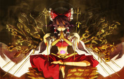 Rule 34 | 1girl, 9ji, anklet, arrow (projectile), barefoot, bell, bow, bow (weapon), bracelet, brown hair, buddhism, conch, detached sleeves, extra arms, female focus, flower, food, fruit, grapes, hair bow, hakurei reimu, hinduism, japanese clothes, jewelry, lotus, manji, miko, polearm, scythe, short hair, skull, solo, spear, staff, touhou, trident, weapon, wheel