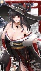 Rule 34 | 1girl, absurdres, azur lane, bare shoulders, black eyes, black feathers, black hair, black hat, black kimono, black sash, breasts, cleavage, collarbone, cowboy shot, cross, cross necklace, feather boa, feathers, folded fan, folding fan, hand fan, hat, hat feather, highres, hime cut, holding, holding fan, huge breasts, iron cross, japanese clothes, jewelry, kimono, long hair, looking at viewer, nail polish, necklace, official alternate costume, outdoors, peter strasser (azur lane), peter strasser (chronos&#039;s kalendae) (azur lane), purple eyes, rei tuki, sash, snow, snowing, solo, sun hat