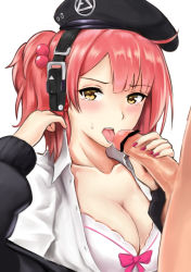 Rule 34 | 1boy, absurdres, beret, blush, bra, censored, clothed female nude male, clothed sex, fellatio, girls&#039; frontline, handjob, hat, highres, licking, licking penis, mp7 (girls&#039; frontline), nude, penis, red hair, snowyoooooo, solo focus, tearing up, underwear, yellow eyes