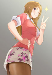 Rule 34 | 1girl, blush, breasts, brown hair, closed mouth, fed (giba), from below, gradient background, grey background, highres, idolmaster, idolmaster million live!, jacket, large breasts, long hair, looking at viewer, miniskirt, momose rio, one eye closed, pantyhose, parted bangs, pink eyes, pink jacket, shirt, skirt, smile, solo, v, white shirt