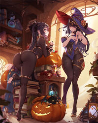 Rule 34 | 2girls, ass, black choker, black hair, black nails, bodystocking, book, book stack, bracelet, breasts, candy, chocolate coin, choker, circlet, coin, cosplay, costume switch, crossover, earrings, familiar, fire emblem, fire emblem awakening, food, full body, genshin impact, gold, gold coin, green eyes, grin, halloween, halloween costume, hat, high heels, holding, holding coin, jack-o&#039;-lantern, jewelry, large breasts, leaning on object, long hair, medium breasts, mitsu (mitsu art), mona (genshin impact), mona (genshin impact) (cosplay), multiple girls, nintendo, pantyhose, parted lips, patreon username, pumpkin, pumps, purple eyes, shoes, skin tight, smile, standing, star (symbol), star earrings, stiletto heels, stirrup legwear, tharja (fire emblem), tharja (fire emblem) (cosplay), thighlet, tiptoes, toeless legwear, twintails, two side up, unworn shoes, very long hair, witch hat