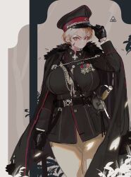 Rule 34 | 1girl, absurdres, belt, black belt, black cape, black gloves, blonde hair, breasts, cape, closed mouth, cowboy shot, gloves, hand on headwear, hand up, hat, highres, huge breasts, looking at viewer, medal, military, military hat, military uniform, orange eyes, original, pants, peaked cap, polilla, rapier, scar, scar on face, short hair, solo, standing, sword, uniform, weapon, white pants