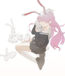 Rule 34 | 1girl, absurdres, animal, animal ears, animal on head, black shirt, black skirt, brown footwear, commentary request, full body, highres, holding, holding animal, kneehighs, loafers, long hair, long sleeves, on head, parted lips, pink eyes, pink hair, pleated skirt, rabbit, rabbit ears, rabbit girl, rabbit tail, reisen udongein inaba, reisende1969, sailor collar, seiza, shirt, shoes, sitting, skirt, socks, solo, tail, too many, too many rabbits, touhou, white socks
