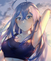 Rule 34 | 1girl, ahoge, arm up, armpits, black tank top, blue eyes, blue hair, blush, breasts, cleavage, closed mouth, highres, light blue hair, magaqq123, medium breasts, solo, sweat, tank top, upper body, vivy, vivy: fluorite eye&#039;s song