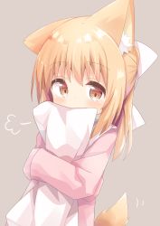 Rule 34 | 1girl, absurdres, animal ear fluff, animal ears, blush, bow, brown background, brown eyes, commentary request, covered mouth, hair between eyes, hair bow, highres, jacket, light brown hair, long hair, long sleeves, looking at viewer, nakkar, hugging object, original, pillow, pillow hug, pink jacket, sailor collar, simple background, sleeves past fingers, sleeves past wrists, solo, tail, tail raised, upper body, white bow, white sailor collar