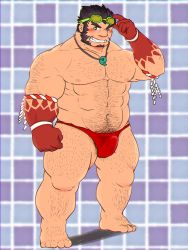 Rule 34 | 1boy, abs, arm hair, bara, bulge, chest hair, donkan (goujuyu), excessive pubic hair, full body, goggles, goggles on head, hachimaki, hairy, headband, highres, large pectorals, leg hair, long sideburns, male focus, male swimwear, mature male, muscular, muscular male, navel, navel hair, nejiri hachimaki, nipples, one eye closed, pectorals, pubic hair, red male swimwear, red swim briefs, short hair, sideburns, smile, smirk, solo, standing, stomach, swim briefs, swimsuit, tajikarao (housamo), thick eyebrows, thick thighs, thighs, tokyo houkago summoners, topless male
