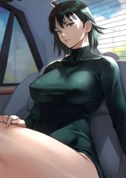 Rule 34 | 1girl, absurdres, black dress, breasts, car interior, cloud, covered collarbone, covered erect nipples, day, dress, earrings, fubuki (one-punch man), green eyes, hair between eyes, hand on own thigh, highres, jewelry, large breasts, long sleeves, looking at viewer, no bra, one-punch man, parted lips, revision, seductive smile, short hair, sitting, smile, solo, thick thighs, thighs, turtleneck, turtleneck dress, yoshio (55level)