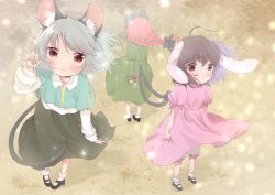 Rule 34 | 3girls, absurdres, animal ear fluff, animal ears, ashino chimado, black bow, black footwear, bloomers, blush, bow, braid, cat ears, cat tail, closed mouth, dress, floppy ears, frilled dress, frilled sleeves, frills, from above, full body, green dress, grey hair, grey skirt, hair bow, highres, inaba tewi, juliet sleeves, kaenbyou rin, long hair, long sleeves, looking at viewer, mouse ears, mouse girl, mouse tail, multiple girls, multiple tails, nazrin, nekomata, pink dress, puffy short sleeves, puffy sleeves, rabbit ears, rabbit tail, red eyes, red hair, ribbon-trimmed dress, shirt, shoes, short hair, short sleeves, skirt, smile, socks, tail, touhou, twin braids, underwear, white legwear, white shirt