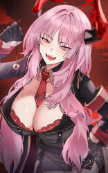 Rule 34 | 1girl, black gloves, blue archive, bra, breasts, cleavage, coin, demon horns, fangs, gloves, hand on own hip, highres, holding pendulum, holed coin, horns, kaji zarame, large breasts, long hair, looking at viewer, military, military uniform, mole, mole on breast, necktie, pendulum, pink eyes, pink hair, red bra, red necktie, satsuki (blue archive), signature, smile, solo, underwear, uniform