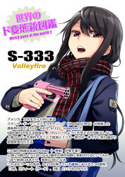 Rule 34 | 1girl, bag, black hair, blazer, blue jacket, brown eyes, carrying bag, enpera, gou (double trigger), gradient background, grey background, gun, hair between eyes, handbag, handgun, holding, holding gun, holding weapon, information sheet, jacket, japanese text, long hair, looking at viewer, multiple-barrel firearm, open mouth, original, pistol, plaid, plaid scarf, pocket pistol, prototype design, purple eyes, s-333 volleyfire, scarf, school bag, school uniform, sidearm, solo, standard manufacturing, sweater, teeth, text focus, translation request, two-tone eyes, upper body, upper teeth only, volley gun, weapon, weapon focus, weapon profile, weird guns of the world, white background, winter clothes