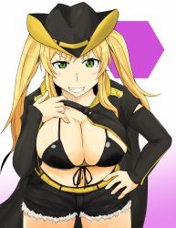 Rule 34 | 1girl, azur lane, belt, bikini, bikini top only, black bikini, black cape, black hat, black shorts, black sleeves, blonde hair, breasts, cape, cleavage, collarbone, commentary request, cowboy hat, cowboy shot, cutoffs, detached sleeves, eyebrows hidden by hair, front-tie top, gradient background, green eyes, grin, hand on own chest, hand on own hip, hat, hexagon, highres, hornet (azur lane), large breasts, leaning forward, long hair, looking at viewer, midriff, navel, pink background, shigeru (shigel marv), short shorts, shorts, sidelocks, smile, solo, standing, swimsuit, twintails, white background, yellow belt