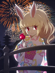 Rule 34 | 1girl, animal ears, architecture, blonde hair, candy apple, east asian architecture, fireworks, food, high ponytail, japanese clothes, kimono, kirara (hitominak3), long hair, looking at viewer, outdoors, rabbit ears, rabbit girl, red eyes, smile, snowrabby, solo, youkai (youkai watch), youkai watch
