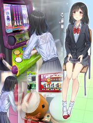 Rule 34 | 1boy, 1girl, aldehyde, arcade, arcade cabinet, bang dream!, black footwear, black hair, black jacket, black pants, blazer, blouse, blush, bobby socks, bow, bowtie, bra visible through clothes, breasts, brown eyes, cat mask, cellphone, chair, collarbone, collared shirt, commentary request, cowboy shot, crossed arms, drum, drumsticks, full body, gameplay mechanics, grey skirt, heavy breathing, highres, holding, holding phone, instrument, jacket, loafers, long sleeves, mask, medium hair, miniskirt, motion blur, mouth mask, multiple views, original, pants, phone, playing games, pleated skirt, pop&#039;n music, red bow, school chair, school uniform, see-through, shirt, shoes, sidelocks, skirt, small breasts, smartphone, socks, sweat, sweaty clothes, taiko drum, taiko no tatsujin, taiko sticks, tile floor, tiles, uwabaki, wet, wet clothes, wet shirt, white shirt, wireless earphones