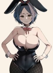 Rule 34 | 1girl, absurdres, animal ears, black leotard, black pantyhose, blue hair, blush, bow, bowtie, breasts, cleavage, covered navel, dark blue hair, detached collar, fake animal ears, fishnet pantyhose, fishnets, hands on own hips, hayami kanade, highres, idolmaster, idolmaster cinderella girls, large breasts, leotard, looking at viewer, nimoni816, pantyhose, parted bangs, rabbit ears, short hair, simple background, smile, solo, white background, wrist cuffs