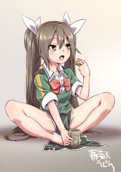 Rule 34 | 10s, 1girl, artist name, barefoot, black eyes, bow, bowtie, brown hair, cookie, cup, eating, feet, feet together, food, food on face, gradient background, hair between eyes, hair ribbon, indian style, kantai collection, long hair, no gloves, open mouth, pelvic curtain, red bow, red bowtie, ribbon, short sleeves, shungikuten, sitting, solo, tone (kancolle), tone kai ni (kancolle), twintails, white ribbon, yunomi