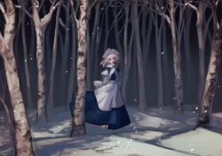 Rule 34 | 1girl, apron, bare tree, blue dress, dress, forest, gloves, highres, letty whiterock, looking at viewer, nature, purple eyes, purple hair, smile, snow, solo, touhou, tree, uzumibi, white apron, white gloves