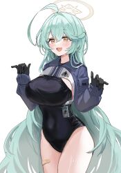 Rule 34 | 1girl, absurdres, ahoge, black gloves, black one-piece swimsuit, blue archive, blush, breasts, cowboy shot, cropped jacket, g1 (user tjwy5444), gloves, green hair, hair between eyes, halo, highres, huge ahoge, large breasts, long hair, long sleeves, one-piece swimsuit, open mouth, simple background, solo, swimsuit, swimsuit under clothes, white background, yellow eyes, yellow halo, yume (blue archive)