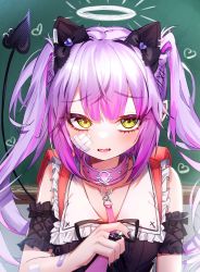 Rule 34 | 1girl, absurdres, animal ears, backpack, bag, bandaid, bandaid on arm, bandaid on face, black nails, blush, bu leike, collar, demon tail, detached sleeves, drawn halo, fake animal ears, fangs, frilled shirt collar, frills, green eyes, halo, heart, highres, hololive, leash, long hair, multicolored hair, nail polish, parted lips, piercing, pink collar, pink hair, purple hair, short sleeves, solo, streaked hair, tail, tail ornament, tail piercing, tail raised, tokoyami towa, twintails, viewer holding leash, virtual youtuber