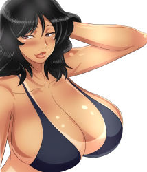 Rule 34 | 1girl, arm up, bikini, bikini top only, black hair, blush, breasts, brown eyes, cleavage, female focus, highres, huge breasts, lips, lipstick, long hair, makeup, one-piece tan, original, shiny skin, simple background, smile, solo, swimsuit, tamanegiya, tan, tanline, thick lips, white background
