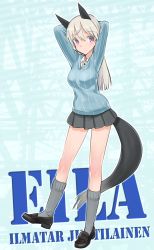 Rule 34 | 1girl, animal ears, aohashi ame, arms behind head, arms up, blonde hair, blue background, blue eyes, blue footwear, blue shirt, blush, character name, closed mouth, commentary, country connection, dress shirt, eila ilmatar juutilainen, fox ears, fox tail, full body, girls und panzer, grey skirt, grey socks, highres, keizoku school uniform, leaning forward, light blush, loafers, long hair, long sleeves, looking at viewer, miniskirt, pleated skirt, school uniform, shirt, shoes, skirt, smile, socks, solo, standing, standing on one leg, strike witches, striped clothes, striped shirt, tail, vertical-striped clothes, vertical-striped shirt, white shirt, world witches series