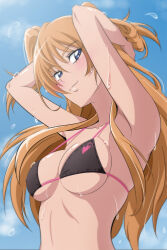 1girl arms_behind_head arms_up bikini black_bikini blue_eyes blue_sky breasts brown_hair fuchi_(nightmare) highres houjou_hibiki large_breasts long_hair precure sky smile solo suite_precure swimsuit upper_body wet