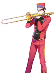 Rule 34 | 1boy, alternate hair color, band uniform, blue eyes, bright pupils, buttons, chulsoo kim (closers), closers, collared jacket, double-breasted, feet out of frame, gloves, hands up, hat, high collar, highres, holding, holding instrument, holding trombone, instrument, jacket, legs apart, long sleeves, looking at viewer, male focus, marching band, official art, pants, parted lips, purple hair, red hat, red jacket, red pants, shako cap, short hair, single vertical stripe, solo, standing, trombone, uniform, white background, white gloves, white pupils