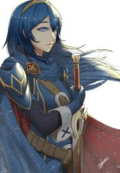 1girl armor artist_name belt belt_buckle blue_eyes blue_hair bodysuit buckle cape eadgear edogreed fire_emblem fire_emblem_awakening hair_between_eyes highres long_hair lucina_(fire_emblem) nintendo pauldrons planted planted_sword planted_weapon shoulder_armor signature solo sword weapon white_background