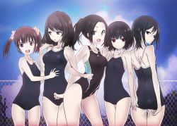 Rule 34 | 5girls, :d, adjusting clothes, adjusting swimsuit, amamiya koharu, ass, asymmetrical docking, back, black eyes, black hair, borrowed character, breast press, breasts, brown hair, chain-link fence, competition school swimsuit, competition swimsuit, expressionless, fence, flat chest, from behind, glasses, hair ornament, hair scrunchie, holding hands, hayami chinatsu, highres, kawagishi keitarou, kirizuka shino, locked arms, looking at viewer, looking back, medium breasts, multiple girls, muted color, one-piece swimsuit, open mouth, original, red eyes, school swimsuit, scrunchie, shinonome akiho, side ponytail, small breasts, smile, swimsuit, teeth, twintails, yukimura touka