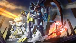 Rule 34 | 00s, arm cannon, armor, aura, beam, claws, cloud, digimon, digimon (creature), digimon adventure 02, dk (13855103534), dragon, exhaust, fighting stance, fire, firing, full body, glowing, imperialdramon, imperialdramon fighter mode, mecha, monster, no humans, outdoors, pillar, robot, shakkoumon, silphymon, smoke, standing, tail, weapon, wings