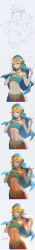 Rule 34 | 1boy, absurdres, alternate costume, bare shoulders, blonde hair, blue eyes, commentary request, crossdressing, dated, detached sleeves, earrings, gerudo set (zelda), grey background, hands up, highres, hood, hood up, jewelry, link, lna (lna384677861), long image, looking at viewer, male focus, midriff, mouth veil, multiple views, navel, nintendo, official alternate costume, pointy ears, progression, short hair, simple background, sketch, skirt, smile, stomach, sunlight, tall image, tan, teeth, the legend of zelda, trap, veil