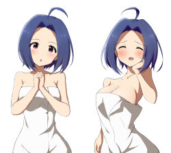 Rule 34 | 1girl, :o, ^ ^, ahoge, blue hair, blush, breasts, cleavage, closed eyes, collarbone, idolmaster, idolmaster (classic), miura azusa, naked towel, open mouth, own hands clasped, own hands together, pink eyes, rariemonn, short hair, simple background, solo, towel, white background
