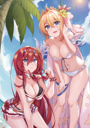 Rule 34 | 2girls, alexiel (summer) (granblue fantasy), asatsuki sora, bare arms, bare legs, bare shoulders, bikini, blonde hair, blue eyes, blue sky, breasts, cleavage, cloud, crown, day, europa (granblue fantasy), europa (summer) (granblue fantasy), feet out of frame, flower, gluteal fold, godsworn alexiel, granblue fantasy, hair between eyes, hair flower, hair ornament, hand up, heart, heart-shaped eyewear, highres, holding, holding removed eyewear, large breasts, long hair, looking at viewer, multiple girls, navel, open mouth, outdoors, palm tree, parted lips, red hair, scrunchie, short hair, sky, standing, stomach, sunglasses, swimsuit, thighs, tree, unworn eyewear, very long hair, white bikini, wrist scrunchie, yellow flower