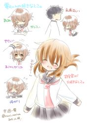 Rule 34 | &gt; &lt;, 10s, 1boy, 1girl, 2015, admiral (kancolle), anchor symbol, blush, brown eyes, brown hair, carrying, commentary request, dated, closed eyes, folded ponytail, hand on another&#039;s head, inazuma (kancolle), kantai collection, narita rumi, neckerchief, open mouth, headpat, school uniform, serafuku, skirt, smile, text focus, torpedo, translation request, twitter username, writing