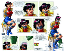 Rule 34 | 10s, 1girl, bdsm, black hair, bondage, boots, bound, breasts, coat, dripping, earrings, covered erect nipples, eyeshadow, eyewear on head, gag, gagged, generation x, hoop earrings, improvised gag, jewelry, jubilee, large breasts, lipstick, makeup, marvel, nick draw, nicklaw, open clothes, open coat, shirt, shorts, sitting, stool, sunglasses, tape, tape gag, taut clothes, taut shirt, turtleneck, water, wet, wet clothes, x-men