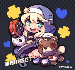 Rule 34 | 1boy, black gloves, black skirt, blonde hair, blue heart, bridget (guilty gear), character name, chibi, chibi only, drawstring, eyelashes, fingerless gloves, full body, gloves, green eyes, guilty gear, habit, kotorai, long sleeves, looking at viewer, male focus, mars symbol, no nose, open mouth, puffy sleeves, roger (guilty gear), signature, skirt, solo, stuffed animal, stuffed toy, teddy bear, trap
