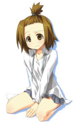 Rule 34 | 1girl, alternate hairstyle, bad id, bad pixiv id, brown eyes, brown hair, closed mouth, flat chest, forehead, frown, high ponytail, k-on!, kneeling, school uniform, short hair, solo, tainaka ritsu, umekichi