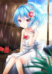 Rule 34 | 1girl, :o, ahoge, alternate costume, alternate hairstyle, bare arms, bare shoulders, bat wings, beach, bench, blue hair, blurry, bow, cirno, collarbone, day, depth of field, dress, flower, food, fruit, glint, hair flower, hair ornament, hair scrunchie, hand in own hair, highres, knees together feet apart, legs together, lens flare, looking at viewer, ocean, on bench, pointy ears, ponytail, post, red bow, red eyes, remilia scarlet, renka (cloudsaikou), sash, scrunchie, short hair, sitting, solo, summer, sundress, touhou, watermelon, wind chime, wings, wrist cuffs