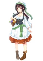 Rule 34 | 1girl, basket, black hair, blush, boots, breasts, brown footwear, cleavage, corset, dress, food, fruit, full body, green ribbon, hair ribbon, highres, looking at viewer, low twintails, medium breasts, open mouth, original, red eyes, ribbon, setona (daice), solo, standing, transparent background, twintails, white dress
