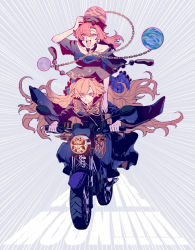 Rule 34 | 2girls, black dress, black shirt, blonde hair, chain, chinese clothes, clothes writing, collarbone, crescent, dress, earth (ornament), frilled skirt, frills, hecatia lapislazuli, junko (touhou), long hair, long sleeves, moon (ornament), motor vehicle, motorcycle, multicolored clothes, multicolored skirt, multiple girls, off-shoulder shirt, off shoulder, on motorcycle, orange hair, phoenix crown, plaid, plaid skirt, pom pom (clothes), raya (uk 0128), red eyes, red hair, red tabard, shirt, skirt, t-shirt, tabard, tassel, touhou, very long hair, wavy hair, wide sleeves