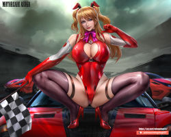 Rule 34 | 1girl, animal ears, blonde hair, blue eyes, bow, breasts, car, cleavage, cleavage cutout, clothing cutout, gloves, goatwillow, heart cutout, high heels, large breasts, leotard, lipstick, long hair, makeup, motor vehicle, neon genesis evangelion, plugsuit, rabbit ears, red hair, red leotard, smile, solo, souryuu asuka langley, squatting, thigh strap, thighhighs, twintails, wide hips