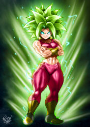 Rule 34 | 1girl, abs, aura, blue eyes, boots, breasts, commentary, crop top, crossed arms, dragon ball, dragon ball super, earrings, electricity, english commentary, full body, furrowed brow, glowing, glowing eyes, green hair, highres, jewelry, kefla (dragon ball), medium breasts, midriff, muscular, muscular female, navel, potara earrings, signature, smile, solo, super saiyan, super saiyan 2, the golden smurf, thick thighs, thighs, vambraces
