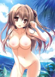 Rule 34 | 1girl, :d, absurdres, aomi maika, beach, blue sky, breasts, brown eyes, brown hair, cleavage, cleft of venus, cloud, collarbone, completely nude, day, hair intakes, hair ribbon, highres, horizon, karory, large breasts, leaning forward, lens flare, long hair, looking at viewer, navel, nipples, nude, nude filter, one side up, open mouth, original, outdoors, pussy, ribbon, side ponytail, sky, smile, solo, third-party edit