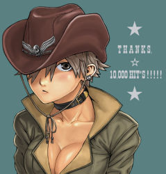 Rule 34 | 1girl, breasts, cleavage, collar, cowboy hat, hair over one eye, hat, milestone celebration, itou eito, large breasts, short hair, solo, cowboy western