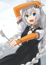 Rule 34 | 1girl, absurdres, arm up, black dress, blue eyes, bracelet, braid, commentary, dress, drooling, elbow gloves, fingerless gloves, fork, gloves, grey hair, hair ornament, highres, holding, holding fork, holding knife, jewelry, kizuna akari, knife, long hair, minatsuki (m1natsuk1), mouth drool, open mouth, orange gloves, smile, solo, symbol-only commentary, twin braids, upper body, very long hair, vocaloid, voiceroid