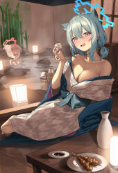 Rule 34 | 2girls, absurdres, animal ears, bath yukata, bathing, blonde hair, blue archive, blue halo, blush, breasts, cleavage, collarbone, drooling, drunk, food, green hair, hair between eyes, hair bun, halo, highres, holding, japanese clothes, kimono, large breasts, looking at viewer, mansu (user pnmp4287), medium hair, mouth drool, multiple girls, nodoka (blue archive), nodoka (hot spring) (blue archive), obi, official alternate costume, onsen, open mouth, pink halo, purple eyes, sash, shigure (blue archive), shigure (hot spring) (blue archive), single hair bun, tail, water, weasel ears, weasel tail, wide sleeves, yakitori, yukata