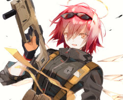 Rule 34 | absurdres, arknights, bad id, bad pixiv id, black gloves, black jacket, commentary, detached wings, energy wings, english commentary, exusiai (arknights), exusiai (wild operation) (arknights), eyewear on head, finger on trigger, gloves, gun, halo, highres, holding, holding gun, holding weapon, jacket, kriss vector, matsuzaka (matsuzakagyu 29), official alternate costume, open mouth, red eyes, red hair, simple background, smile, submachine gun, sunglasses, upper body, weapon, white background, wings, yellow eyes, zipper